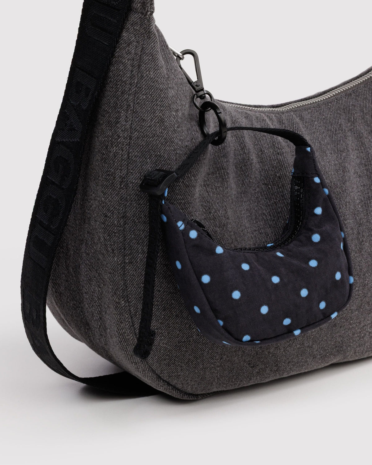 Crescent Bag Charm - Black and Sky Blue Micro Dot