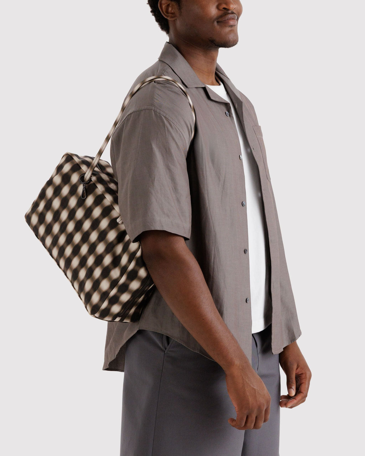 Medium Nylon Bowler Bag - Blurred Gingham Brown